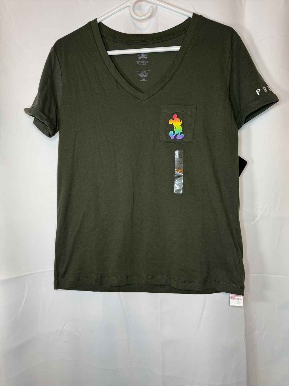 Disney Dark Green V-Neck Tee with Rainbow Mickey Pocket Accent